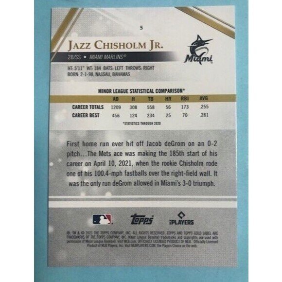 2021 Topps Gold Label  Class 1 Miami Marlins Jazz Chisholm Jr RC  #5 - Picture 2 of 2